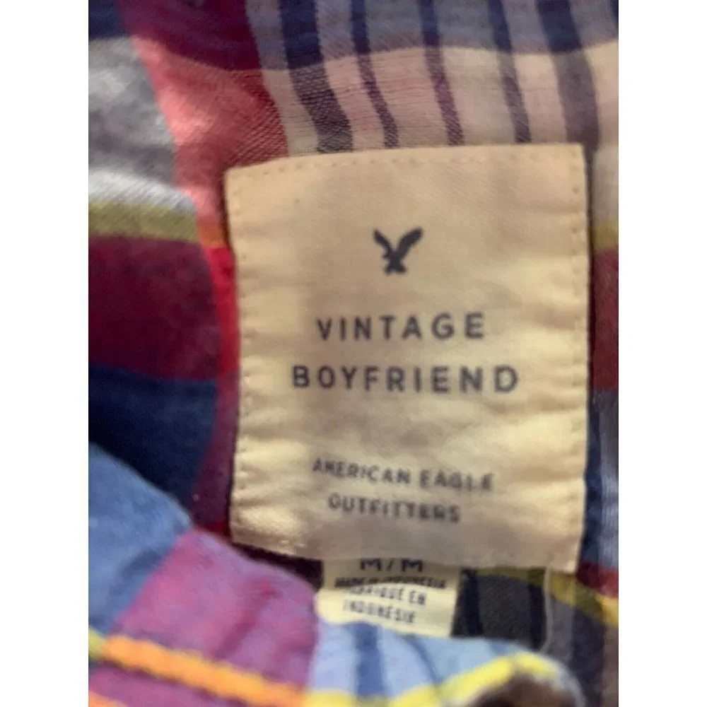 American Eagle Womens M Vintage Boyfriend Plaid Top Button Front Tabbed Sleeves - Picture 9 of 10